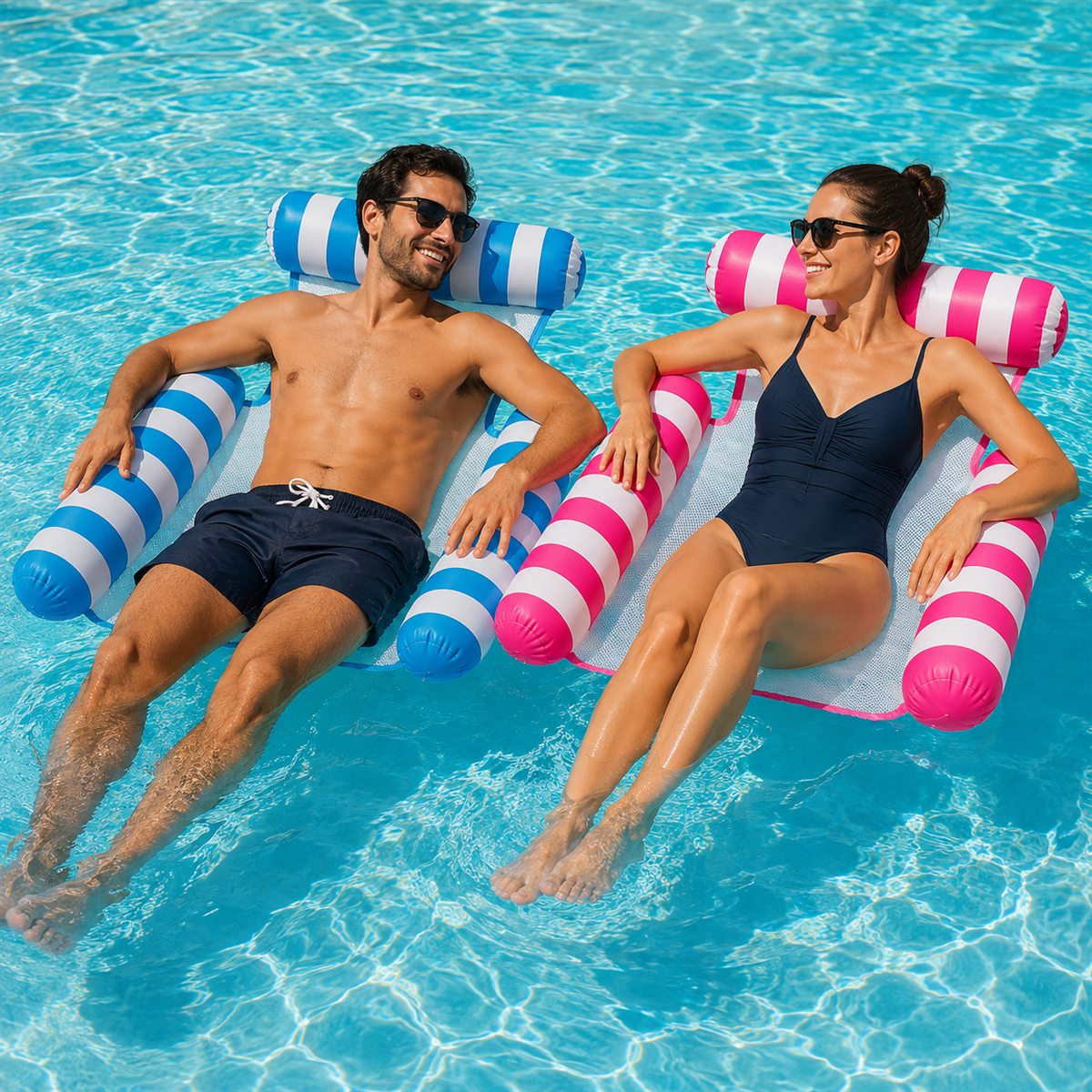 Twee mensen liggen te dobberen op een waterhangmat in het zwembad